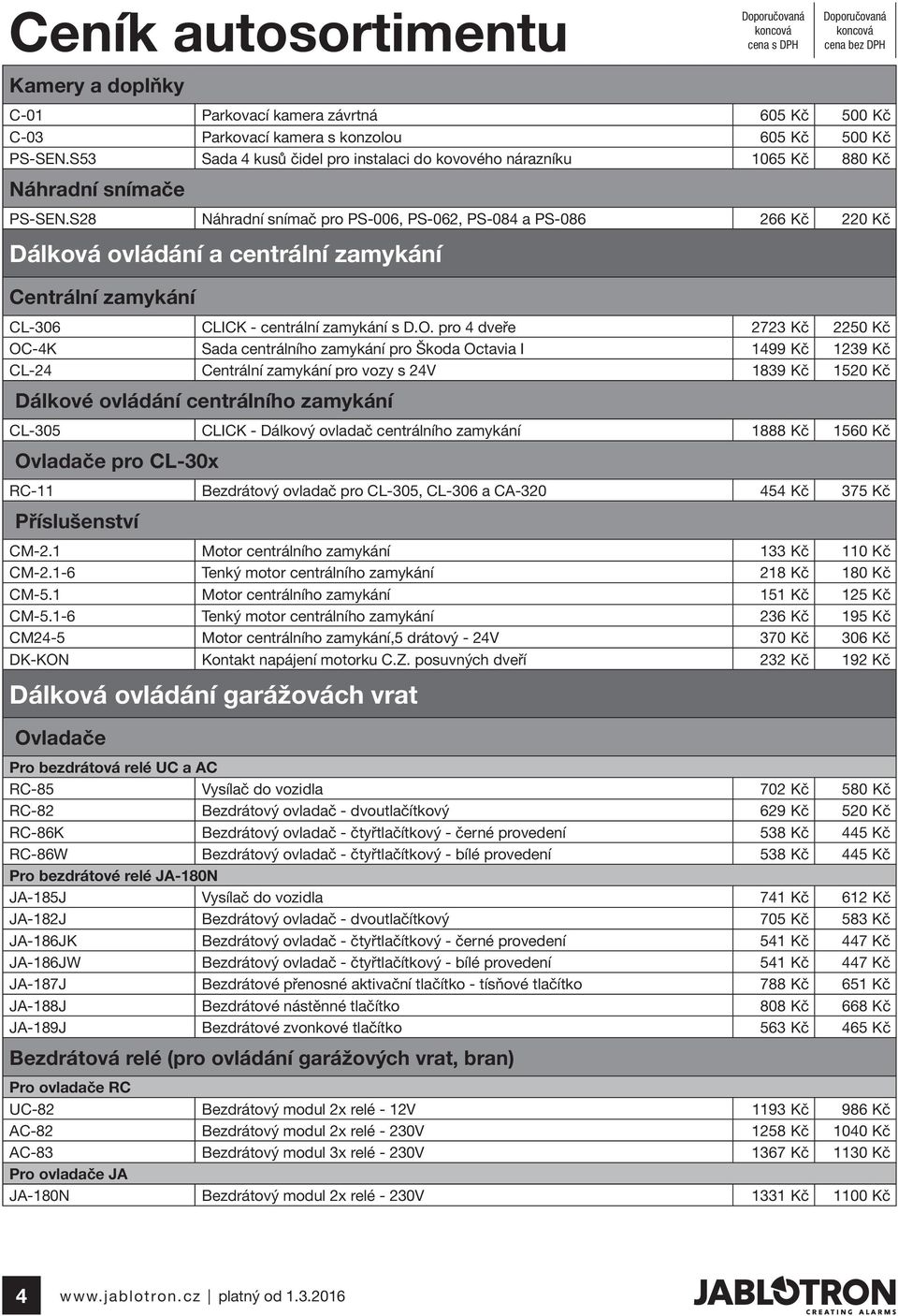 S28 Náhradní snímač pro PS-006, PS-062, PS-084 a PS-086 266 Kč 220 Kč Dálková ovládání a centrální zamykání Centrální zamykání CL-306 CLICK - centrální zamykání s D.O.