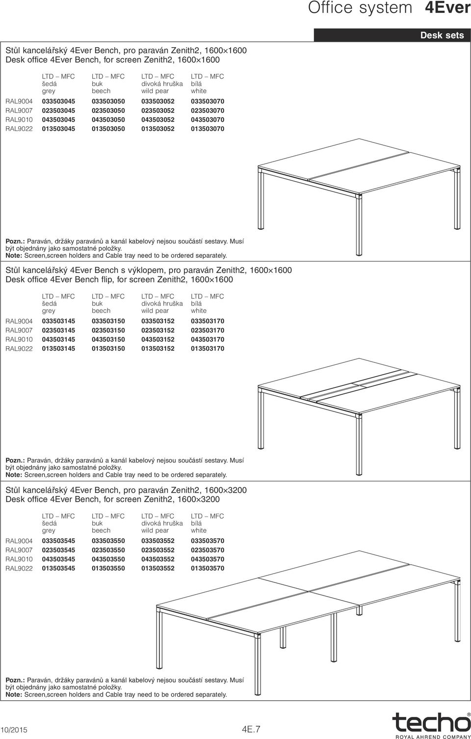 : Paraván, držáky paravánů a kanál kabelový nejsou součástí sestavy. Musí být objednány jako samostatné položky. Note: Screen,screen holders and Cable tray need to be ordered separately.