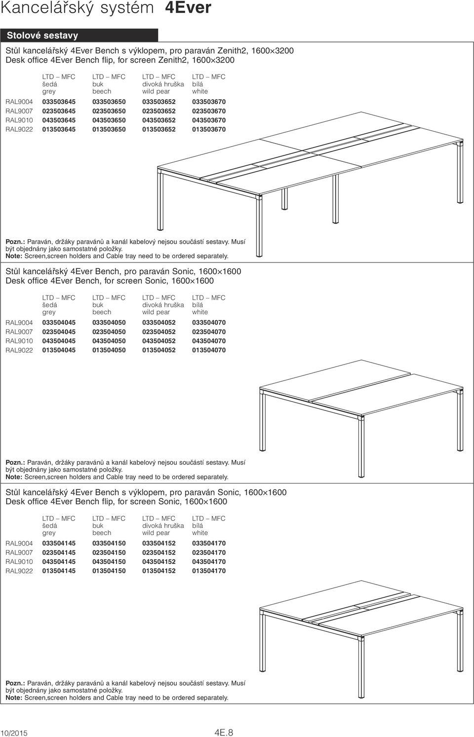 : Paraván, držáky paravánů a kanál kabelový nejsou součástí sestavy. Musí být objednány jako samostatné položky. Note: Screen,screen holders and Cable tray need to be ordered separately.