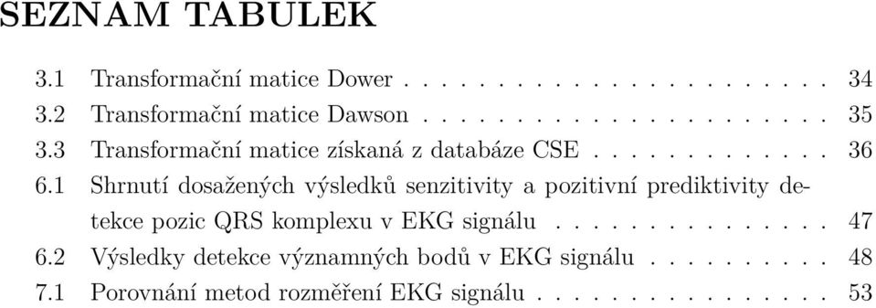 1 Shrnutí dosažených výsledků senzitivity a pozitivní prediktivity detekce pozic QRS komplexu v EKG signálu.