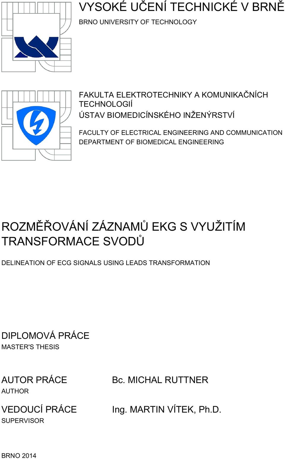 ROZMĚŘOVÁNÍ ZÁZNAMŮ EKG S VYUŽITÍM TRANSFORMACE SVODŮ DELINEATION OF ECG SIGNALS USING LEADS TRANSFORMATION DIPLOMOVÁ