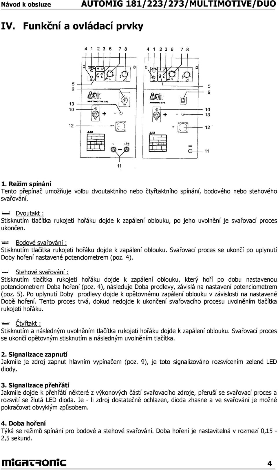 Svařovací proces se ukončí po uplynutí Doby hoření nastavené potenciometrem (poz. 4).