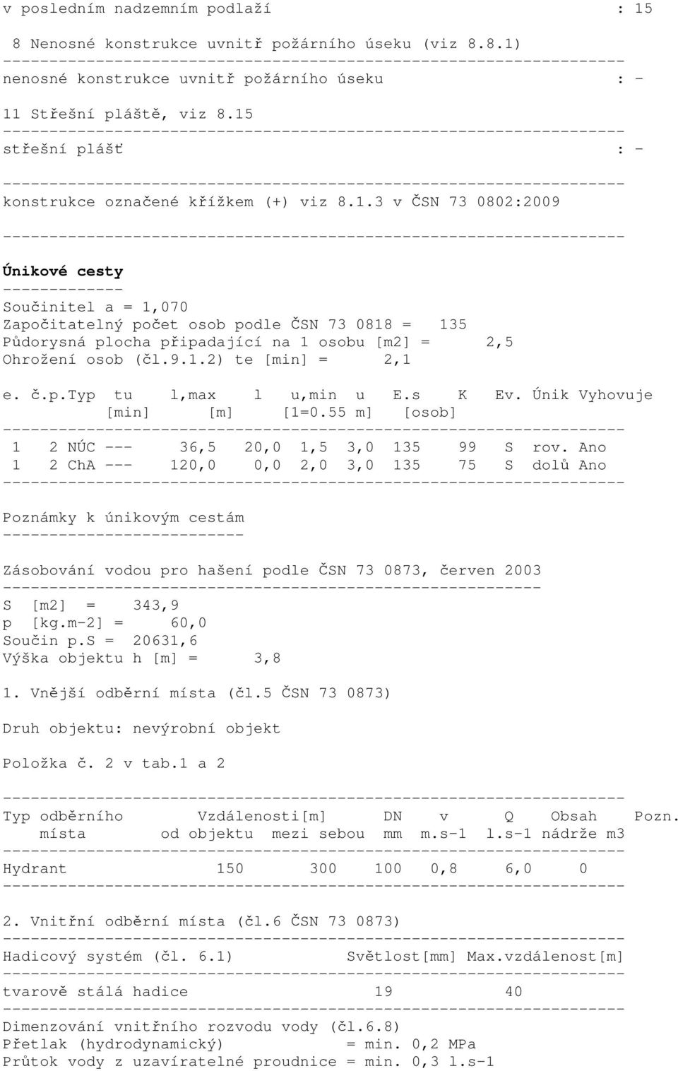 9.1.2) te [min] = 2,1 e. č.p.typ tu l,max l u,min u E.s K Ev. Únik Vyhovuje [min] [m] [1=0.55 m] [osob] 1 2 NÚC --- 36,5 20,0 1,5 3,0 135 99 S rov.