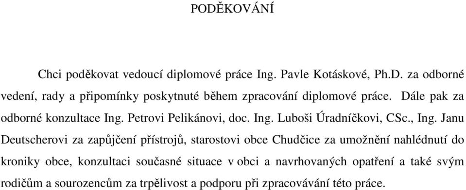 Janu Deutscherovi za zapůjčení přístrojů, starostovi obce Chudčice za umožnění nahlédnutí do kroniky obce, konzultaci současné