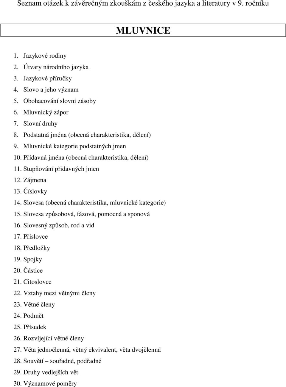 Přídavná jména (obecná charakteristika, dělení) 11. Stupňování přídavných jmen 12. Zájmena 13. Číslovky 14. Slovesa (obecná charakteristika, mluvnické kategorie) 15.