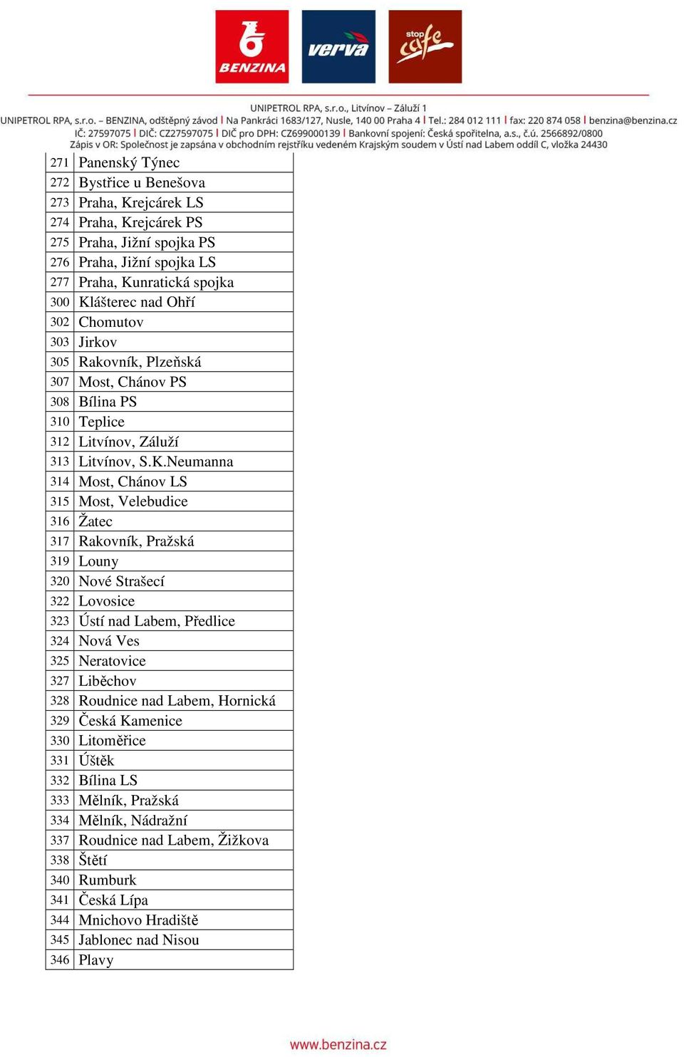 Neumanna 314 Most, Chánov LS 315 Most, Velebudice 316 Žatec 317 Rakovník, Pražská 319 Louny 320 Nové Strašecí 322 Lovosice 323 Ústí nad Labem, Předlice 324 Nová Ves 325 Neratovice 327 Liběchov
