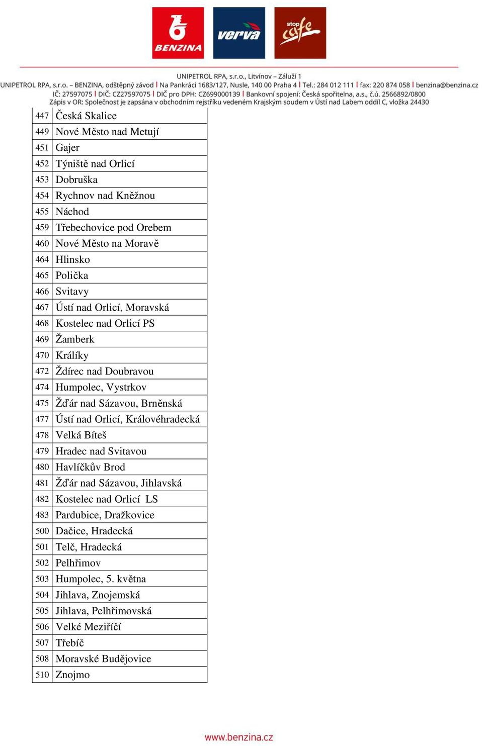 Brněnská 477 Ústí nad Orlicí, Královéhradecká 478 Velká Bíteš 479 Hradec nad Svitavou 480 Havlíčkův Brod 481 Žďár nad Sázavou, Jihlavská 482 Kostelec nad Orlicí LS 483 Pardubice,