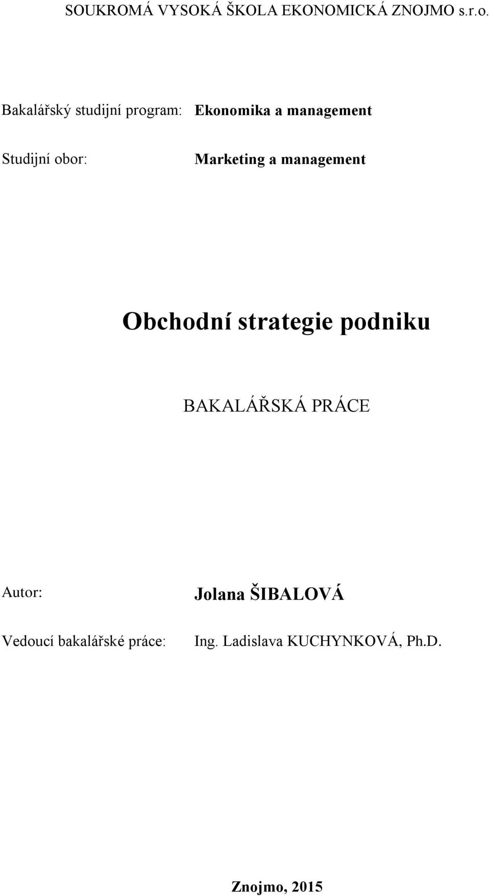 Marketing a management Obchodní strategie podniku BAKALÁŘSKÁ PRÁCE