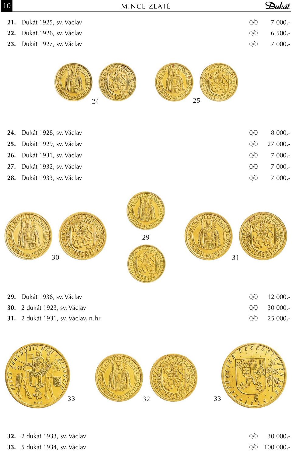 Václav 0/0 7 000,- 28. Dukát 1933, sv. Václav 0/0 7 000,- 29 30 31 29. Dukát 1936, sv. Václav 0/0 12 000,- 30. 2 dukát 1923, sv.