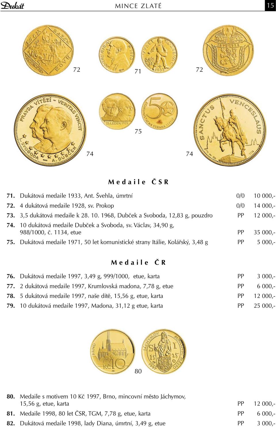 Dukátová medaile 1971, 50 let komunistické strany Itálie, Kolářský, 3,48 g PP 5 000,- M e d a i l e Č R 76. Dukátová medaile 1997, 3,49 g, 999/1000, etue, karta PP 3 000,- 77.