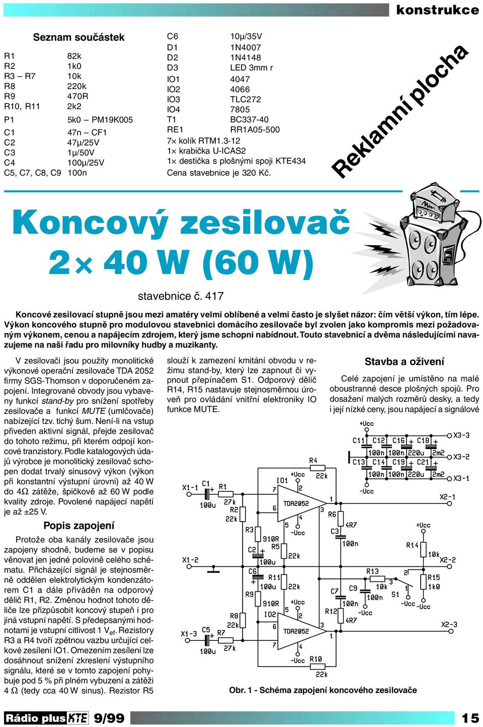 Reklamní plocha Koncový zesilovač 2 40 W (60 W) V zesilovači jsou použity monolitické výkonové operační zesilovače TDA 2052 firmy SGS-Thomson v doporučeném zapojení.