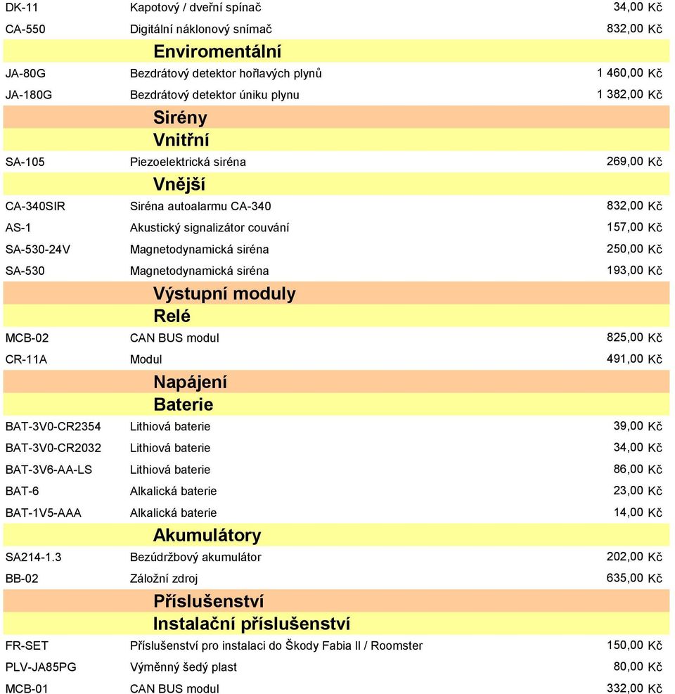 250,00 Kč SA-530 Magnetodynamická siréna 193,00 Kč Výstupní moduly Relé MCB-02 CAN BUS modul 825,00 Kč CR-11A Modul 491,00 Kč Napájení Baterie BAT-3V0-CR2354 Lithiová baterie 39,00 Kč BAT-3V0-CR2032