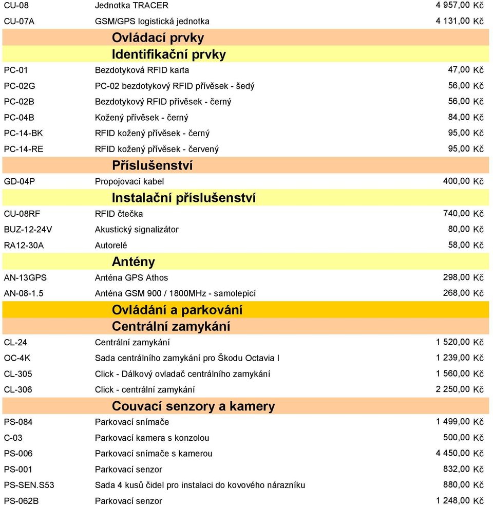 Příslušenství GD-04P Propojovací kabel 400,00 Kč Instalační příslušenství CU-08RF RFID čtečka 740,00 Kč BUZ-12-24V Akustický signalizátor 80,00 Kč RA12-30A Autorelé 58,00 Kč Antény AN-13GPS Anténa