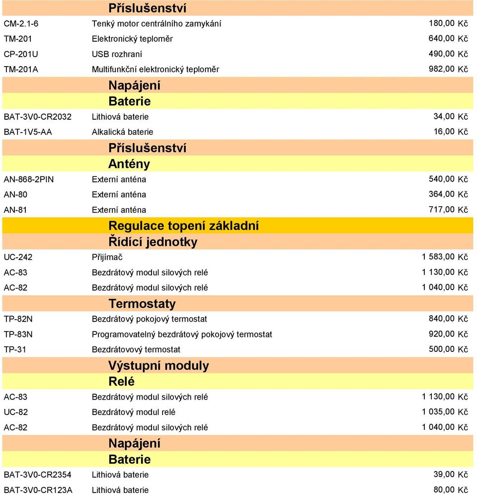 BAT-3V0-CR2032 Lithiová baterie 34,00 Kč BAT-1V5-AA Alkalická baterie 16,00 Kč Příslušenství Antény AN-868-2PIN Externí anténa 540,00 Kč AN-80 Externí anténa 364,00 Kč AN-81 Externí anténa 717,00 Kč