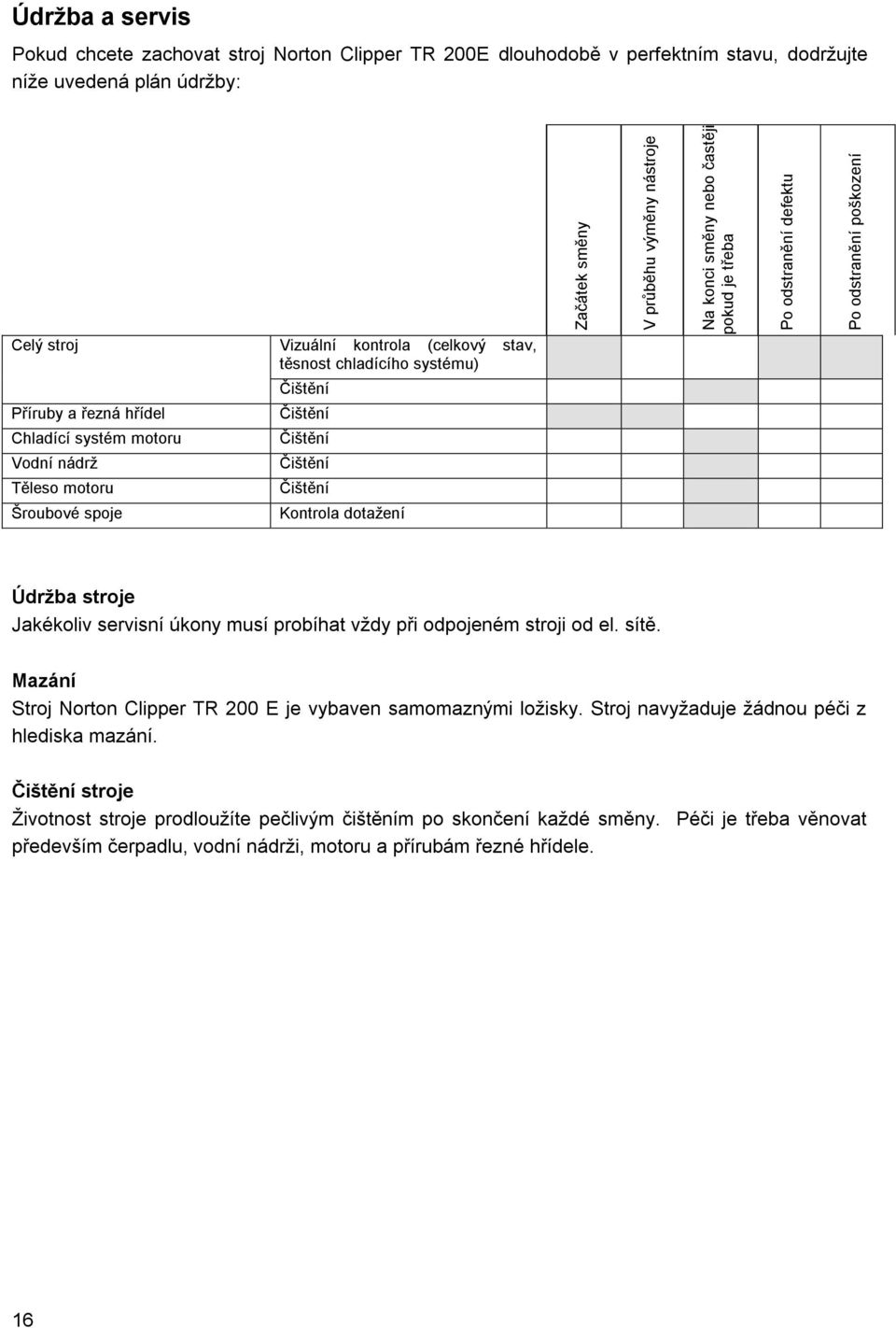 Vodní nádrž Těleso motoru Šroubové spoje Čištění Čištění Čištění Čištění Kontrola dotažení Údržba stroje Jakékoliv servisní úkony musí probíhat vždy při odpojeném stroji od el. sítě.