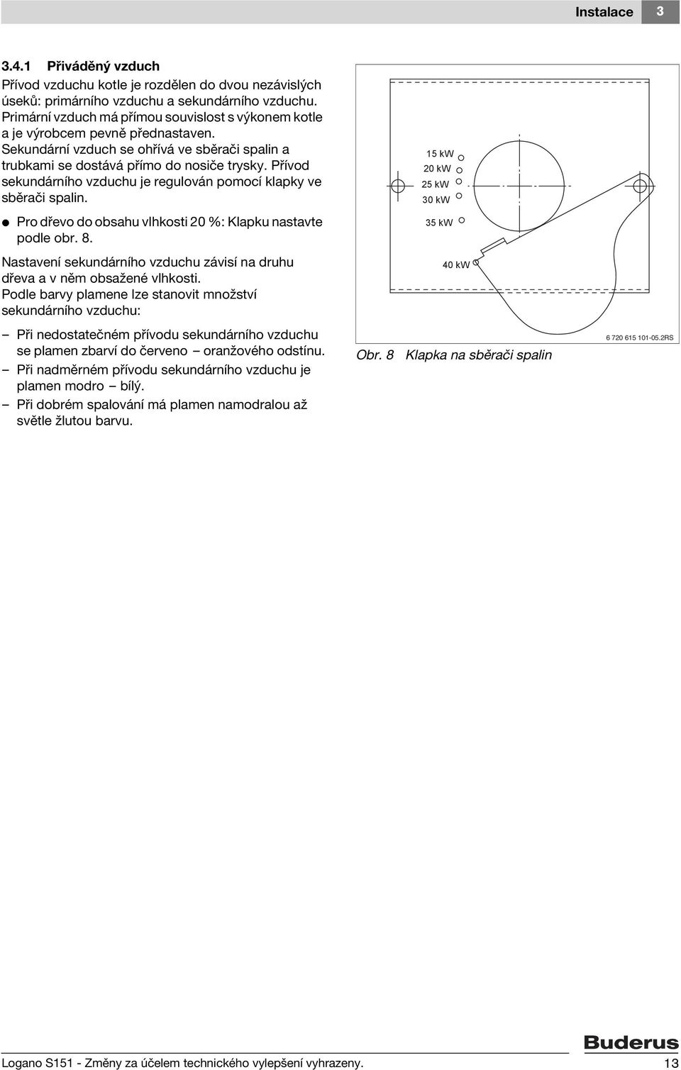 Přívod sekundárního vzduchu je regulován pomocí klapky ve sběrači spalin. 5 kw 0 kw 5 kw 30 kw V Pro dřevo do obsahu vlhkosti 0 %: Klapku nastavte podle obr. 8.