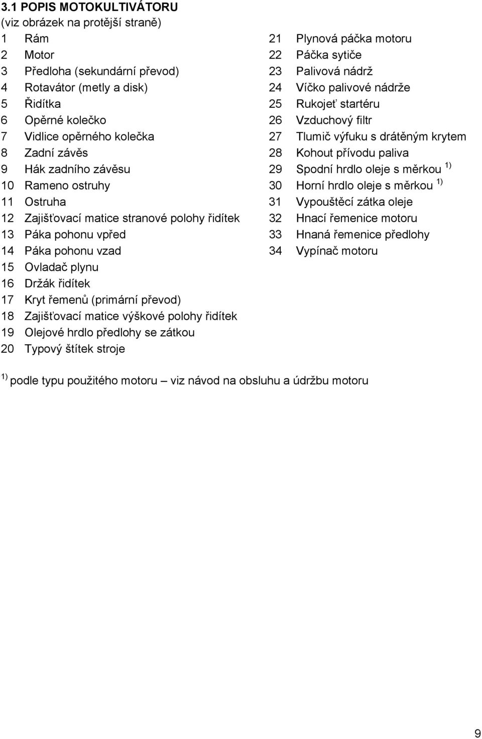 závěsu 29 Spodní hrdlo oleje s měrkou 1) 10 Rameno ostruhy 30 Horní hrdlo oleje s měrkou 1) 11 Ostruha 31 Vypouštěcí zátka oleje 12 Zajišťovací matice stranové polohy řidítek 32 Hnací řemenice motoru
