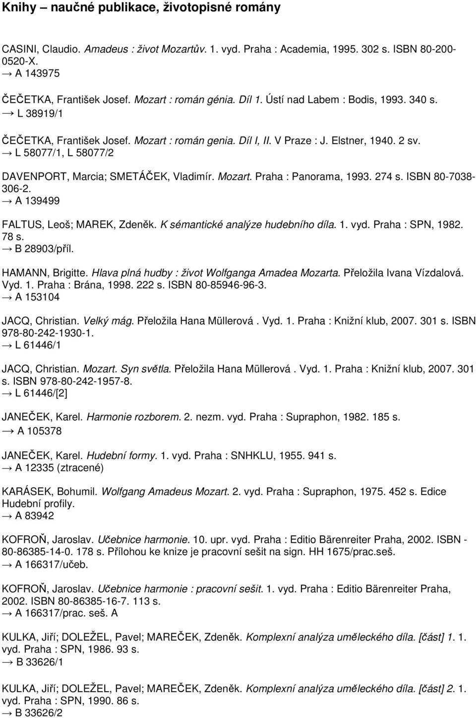 L 58077/1, L 58077/2 DAVENPORT, Marcia; SMETÁČEK, Vladimír. Mozart. Praha : Panorama, 1993. 274 s. ISBN 80-7038- 306-2. A 139499 FALTUS, Leoš; MAREK, Zdeněk. K sémantické analýze hudebního díla. 1. vyd.