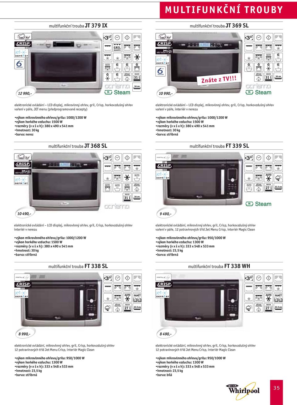horkého vzduchu: 1500 W rozměry (v x š x h): 380 x 490 x 541 mm hmotnost: 30 kg barva: nerez multifunkční trouba JT 368 SL ovládání LCD displej, mikrovlnný ohřev, gril, Crisp, horkovzdušný ohřev