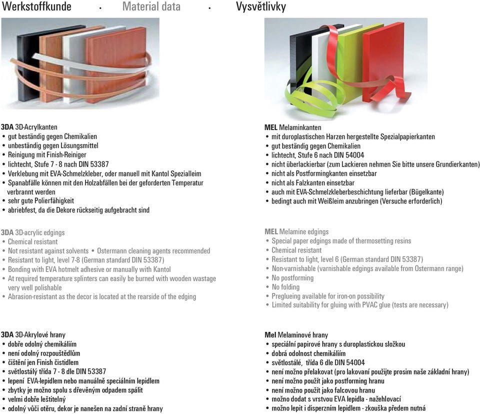 speciální papirové hrany s duroplastickou složkou dobrá odolnost chemikáliím světlostálé, třída 6 dle DIN 54004 není možno přelakovat (pro lakovaní použijte prosim naše základní