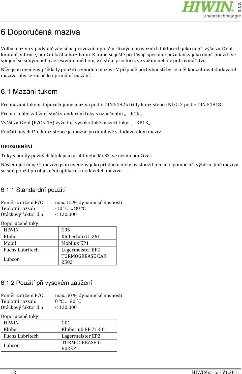 Níže jsou uvedeny příklady použití a vhodná maziva. V případě pochybností by se měl konzultovat dodavatel maziva, aby se zaručilo optimální mazání. 6.