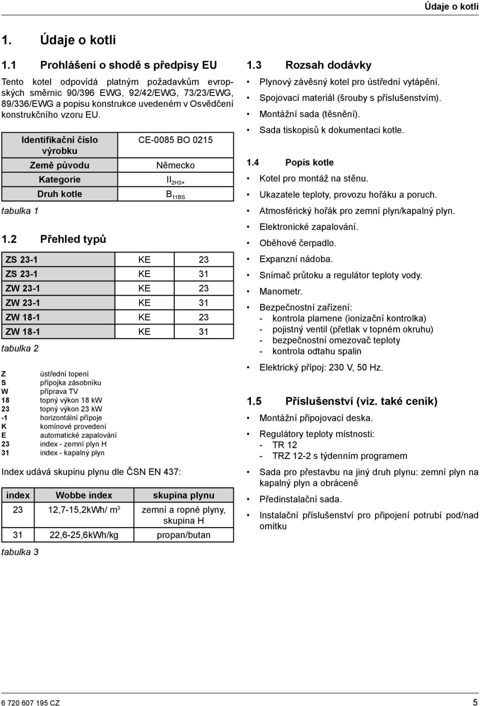 EU. tabulka 1 Identifikační číslo výrobku Země původu CE-0085 BO 0215 Německo Kategorie II 2H3+ Druh kotle 1.