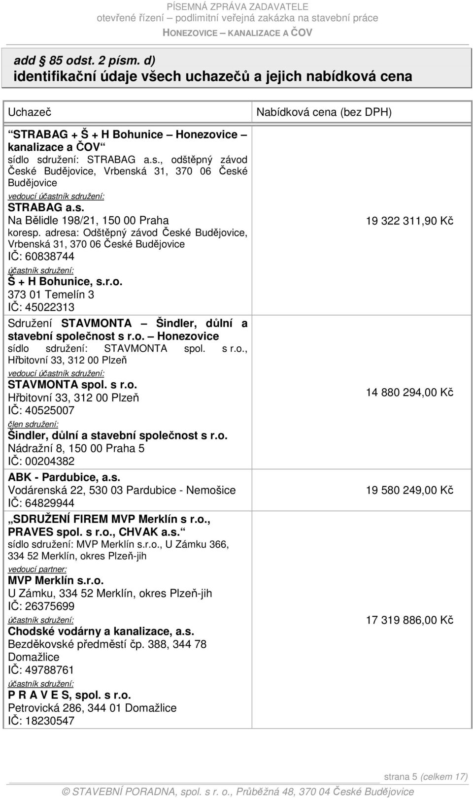 o. Honezovice sídlo sdružení: STAVMONTA spol. s r.o., Hřbitovní 33, 312 00 Plzeň vedoucí účastník sdružení: STAVMONTA spol. s r.o. Hřbitovní 33, 312 00 Plzeň IČ: 40525007 člen sdružení: Šindler, důlní a stavební společnost s r.