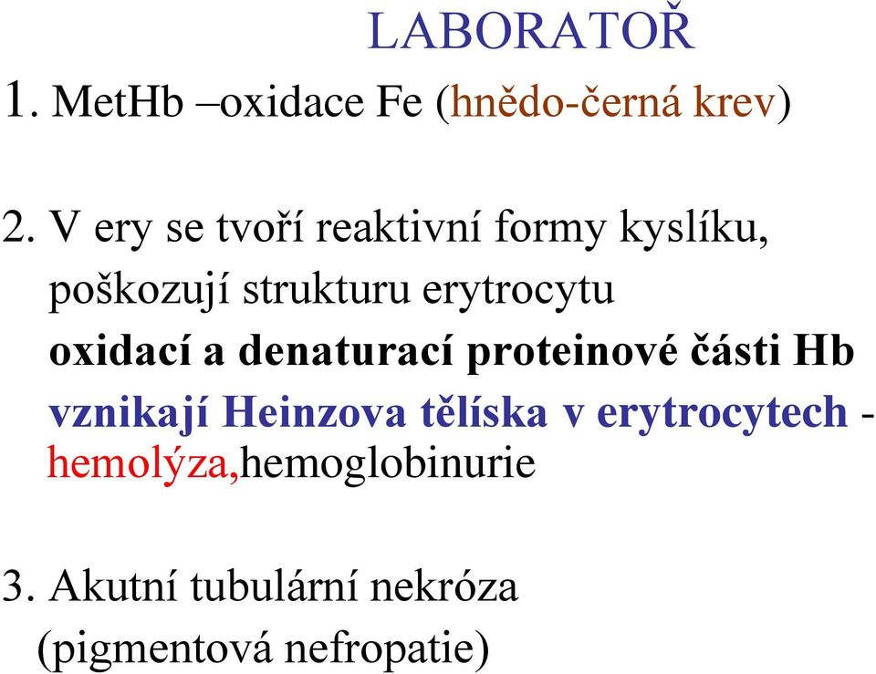 oxidací a denaturací proteinové části Hb vznikají Heinzova tělíska v