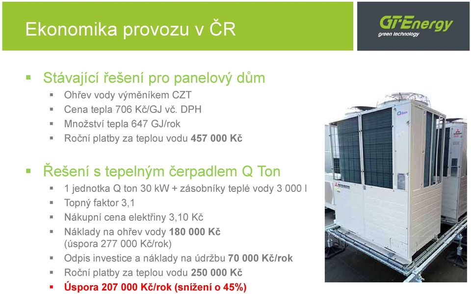 kw + zásobníky teplé vody 3 000 l Topný faktor 3,1 Nákupní cena elektřiny 3,10 Kč Náklady na ohřev vody 180 000 Kč (úspora