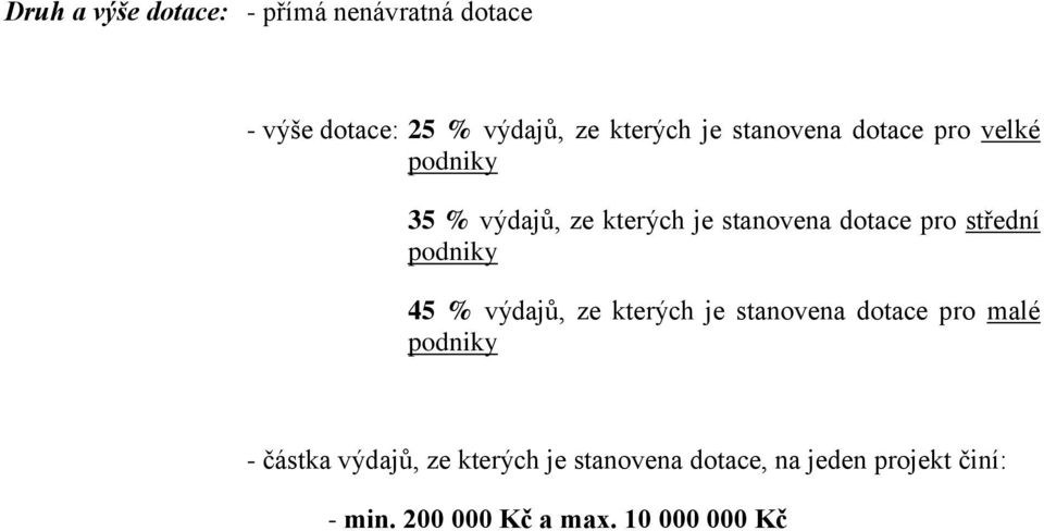 střední podniky 45 % výdajů, ze kterých je stanovena dotace pro malé podniky - částka