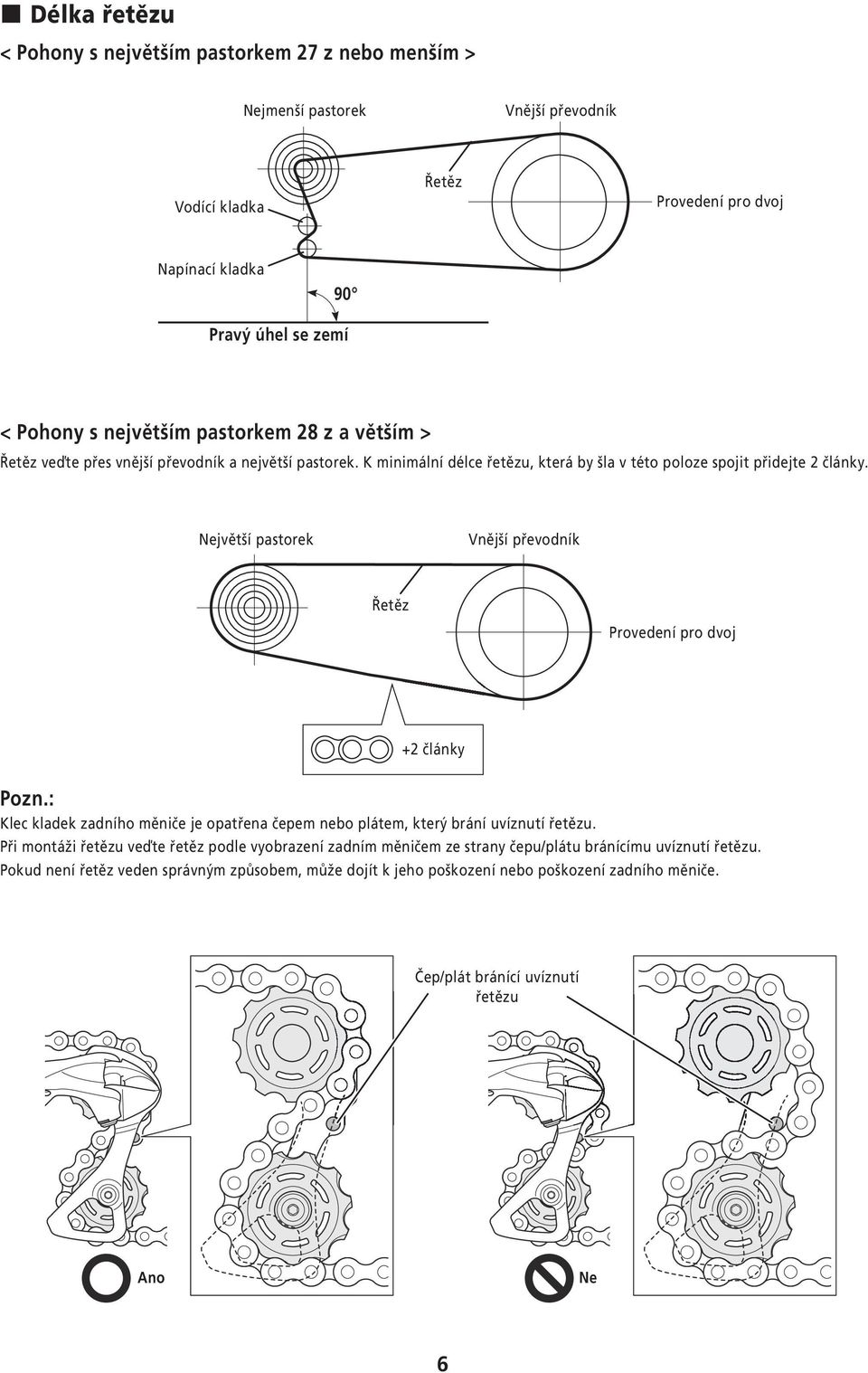 Největší pastorek Vnější převodník Řetěz Provedení pro dvoj +2 články Pozn.: Klec kladek zadního měniče je opatřena čepem nebo plátem, který brání uvíznutí řetězu.