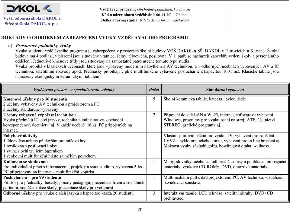 Jednotlivé kmenové třídy jsou situovány na samostatné patro určené tomuto typu studia.