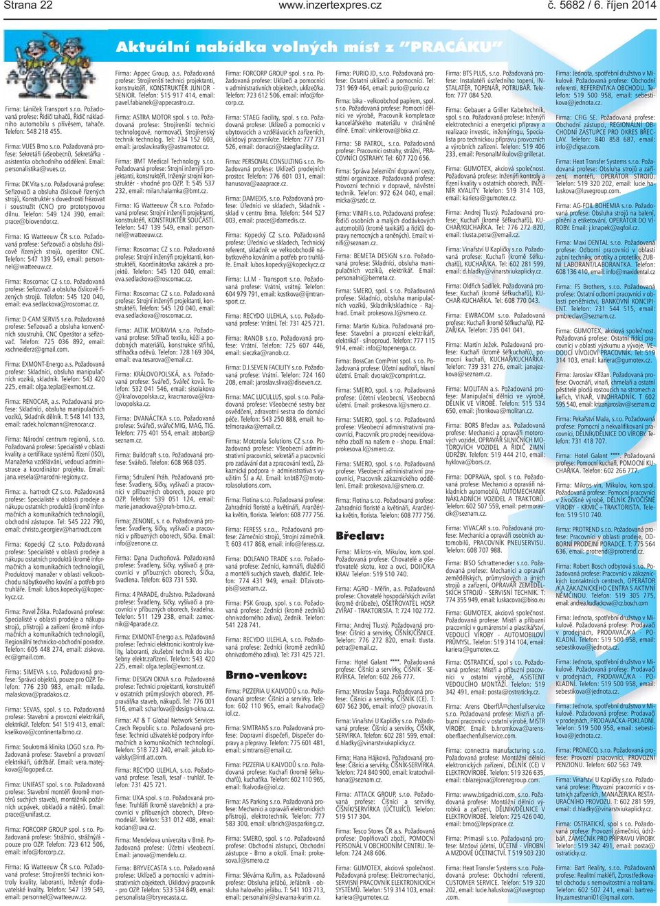 Telefon: 549 124 390, email: prace@biovendor.cz. Firma: IG Watteeuw ČR s.r.o. Požadovaná profese: Seřizovači a obsluha číslicově řízených strojů, operátor CNC.