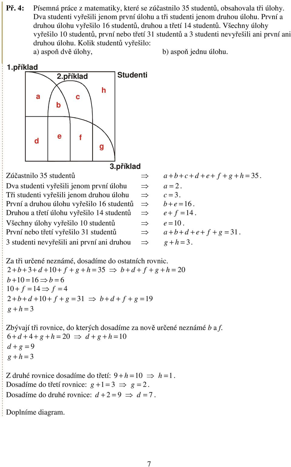 Kolik studentů vyřešilo: a) aspoň dvě úlohy, b) aspoň jednu úlohu. 1.příklad 2.příklad Studenti a b c h d e f g 3.příklad Zúčastnilo 35 studentů a + b + c + d + e + f + g + h = 35.