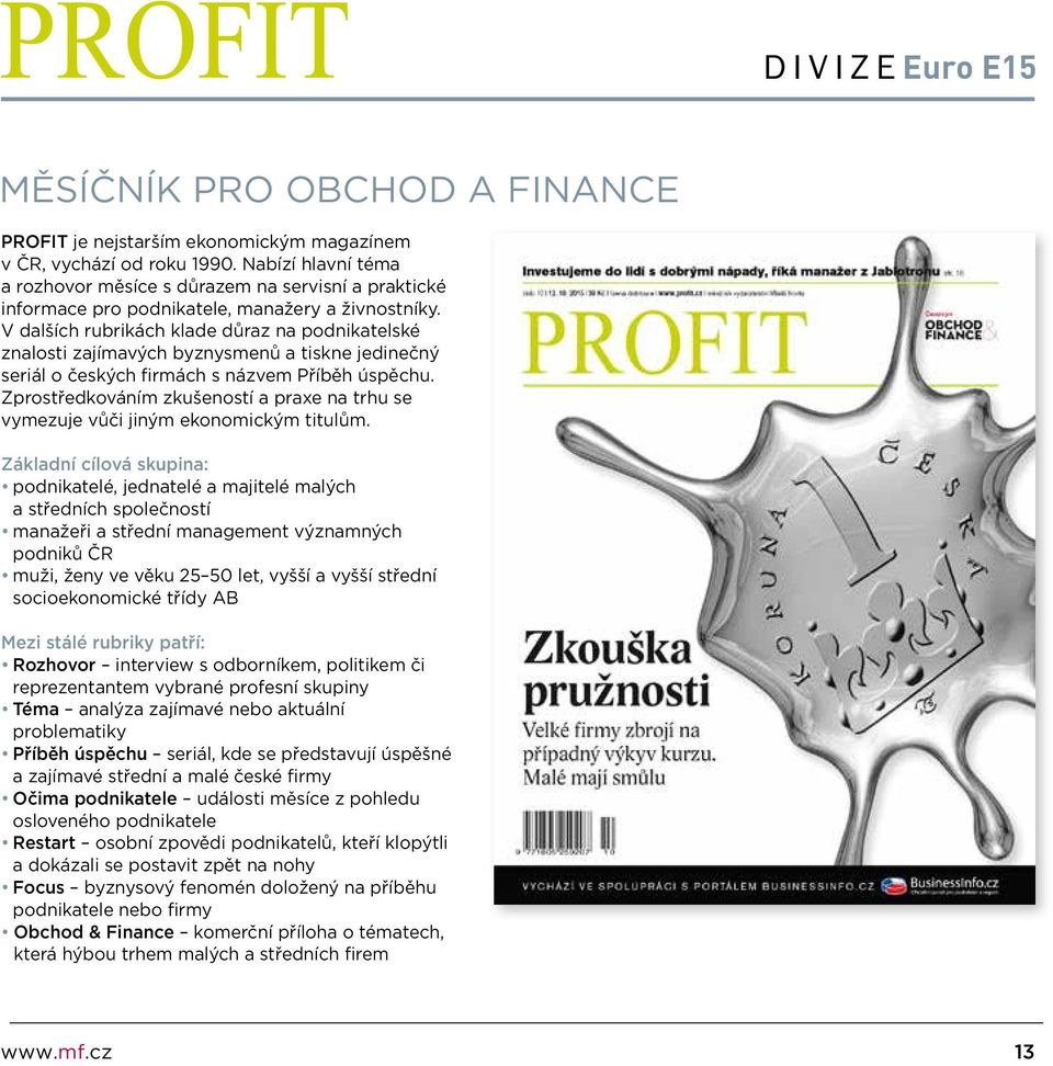 V dalších rubrikách klade důraz na podnikatelské znalosti zajímavých byznysmenů a tiskne jedinečný seriál o českých firmách s názvem Příběh úspěchu.