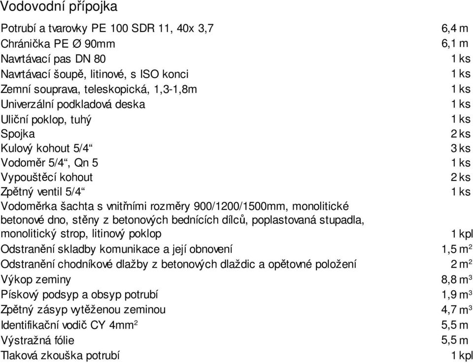 monolitické betonové dno, stěny z betonových bednících dílců, poplastovaná stupadla, monolitický strop, litinový poklop Odstranění skladby komunikace a její obnovení 1,5 m 2 Odstranění chodníkové