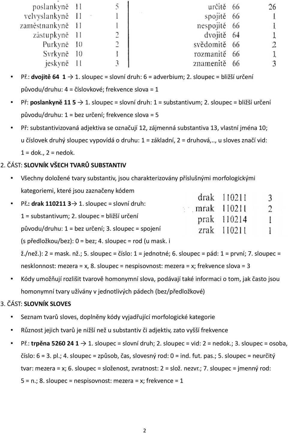 sloupec = bližší určení původu/druhu: 1 = bez určení; frekvence slova = 5 Př: substantivizovaná adjektiva se označují 12, zájmenná substantiva 13, vlastní jména 10; u číslovek druhý sloupec vypovídá