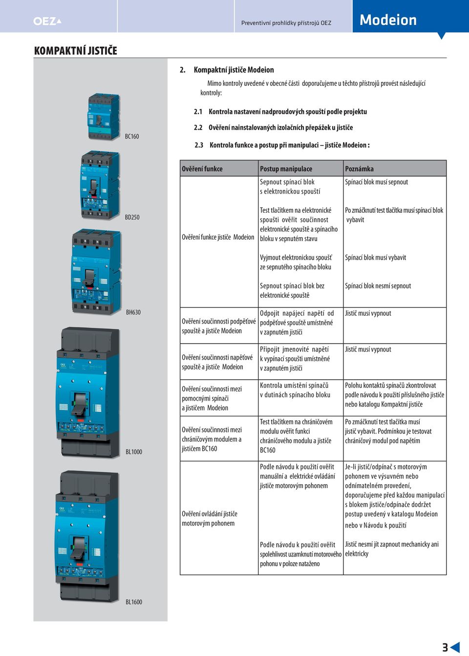 3 Kontrola funkce a postup při manipulaci jističe Modeion : Sepnout spínací blok s elektronickou spouští Spínací blok musí sepnout BD250 Ověření funkce jističe Modeion Test tlačítkem na elektronické
