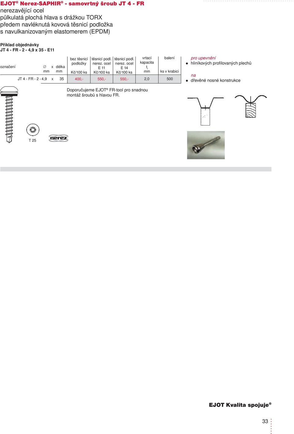 E 14 400,- 550,- 550,- 2,0 Doporučujeme EJOT FR-tool pro sdnou montáž šroubů s hlavou