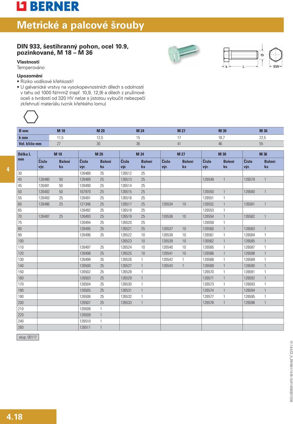 10,9, 12,9) a dílech z pružinové oceli s tvrdostí od 320 HV nelze s jistotou vyloučit nebezpečí zkřehnutí materiálu (vznik křehkého lomu) Ø M 18 M 20 M 2 M 27 M 30 M 36 k 11,5 12,5 15 17 18,7 22,5