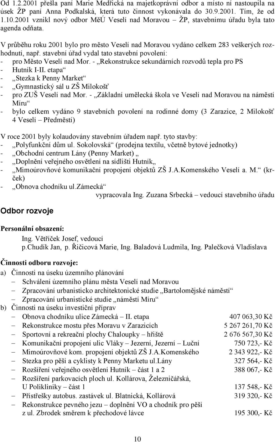 stavební úřad vydal tato stavební povolení: - pro Město Veselí nad Mor. - Rekonstrukce sekundárních rozvodŧ tepla pro PS - Hutník I-II.