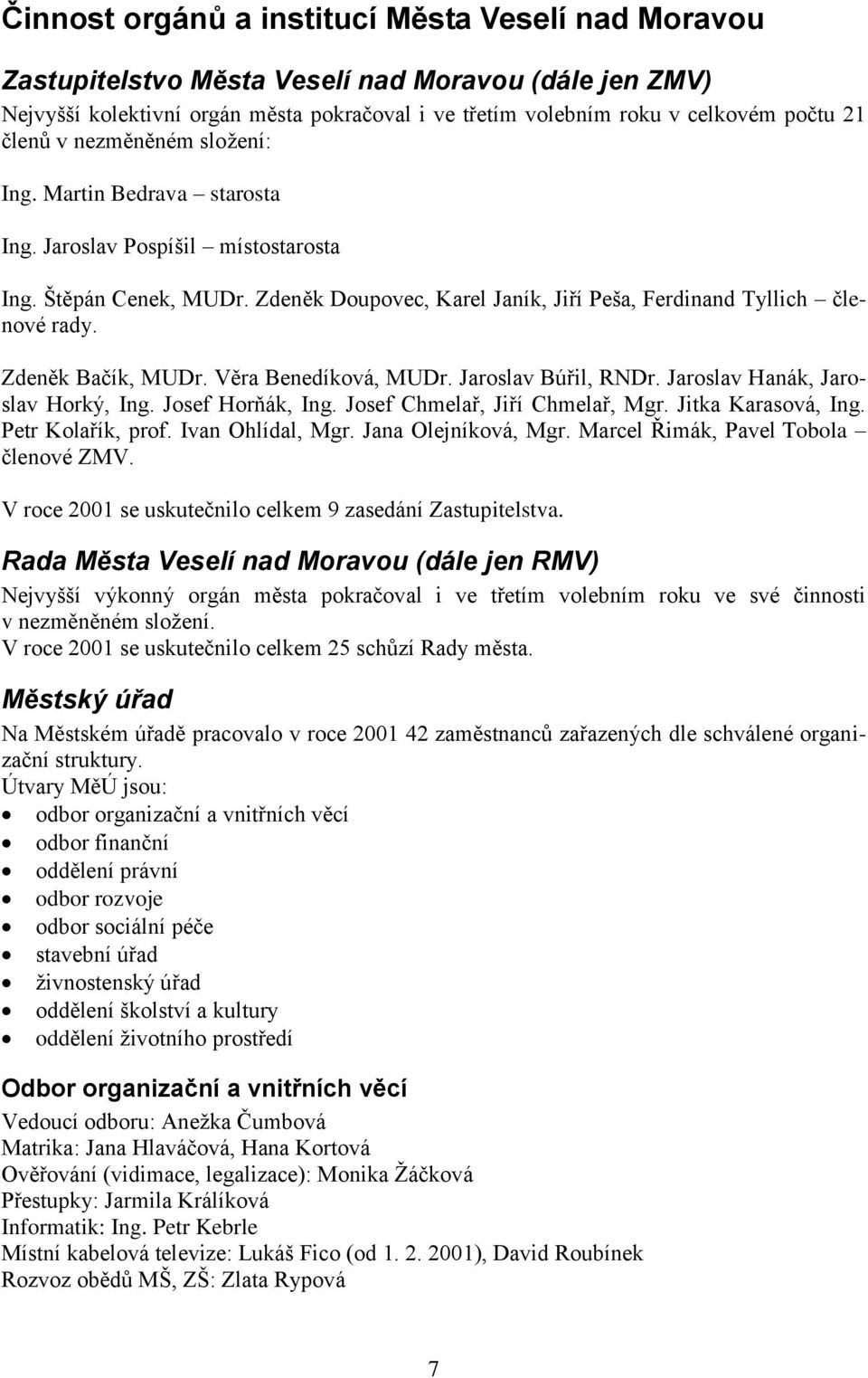 Zdeněk Bačík, MUDr. Věra Benedíková, MUDr. Jaroslav Búřil, RNDr. Jaroslav Hanák, Jaroslav Horký, Ing. Josef Horňák, Ing. Josef Chmelař, Jiří Chmelař, Mgr. Jitka Karasová, Ing. Petr Kolařík, prof.