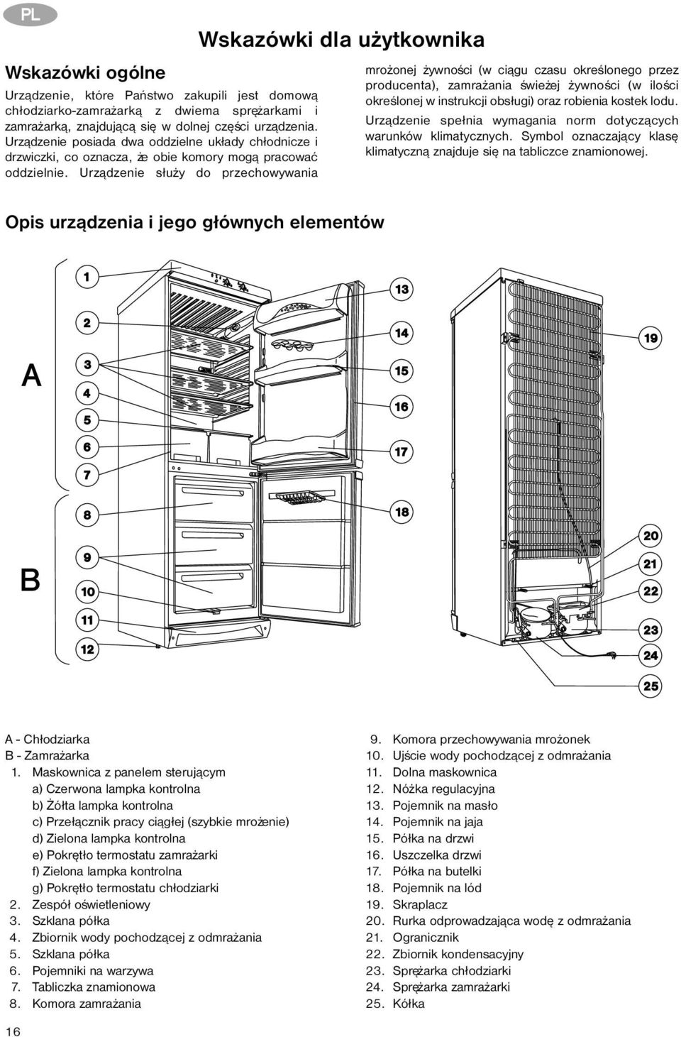 Urz¹dzenie s³u y do przechowywania Wskazówki dla u ytkownika Opis urz¹dzenia i jego g³ównych elementów mro onej ywnoœci (w ci¹gu czasu okreœlonego przez producenta), zamra ania œwie ej ywnoœci (w