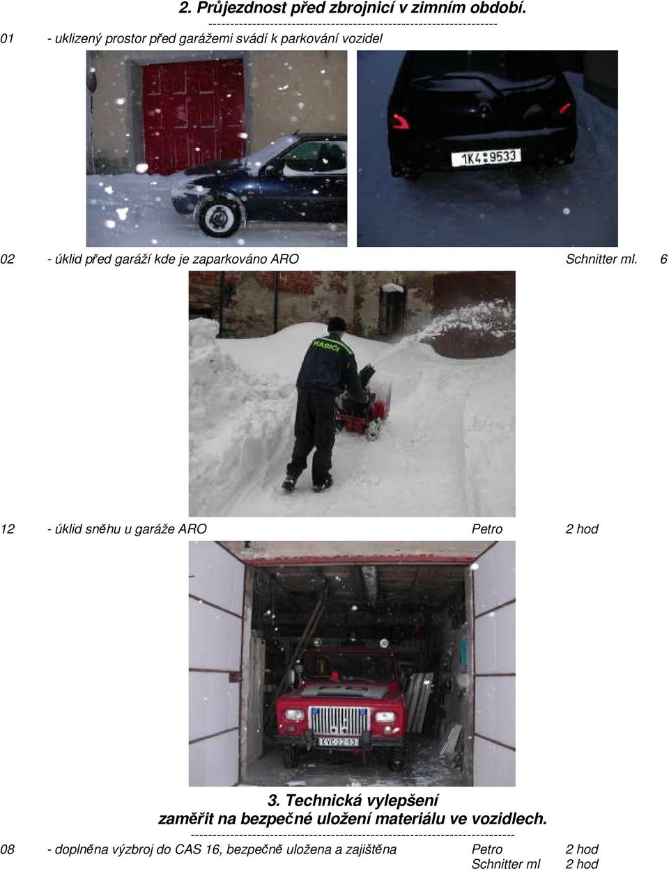 02 - úklid před garáží kde je zaparkováno ARO Schnitter ml. 6 12 - úklid sněhu u garáže ARO Petro 2 hod 3.