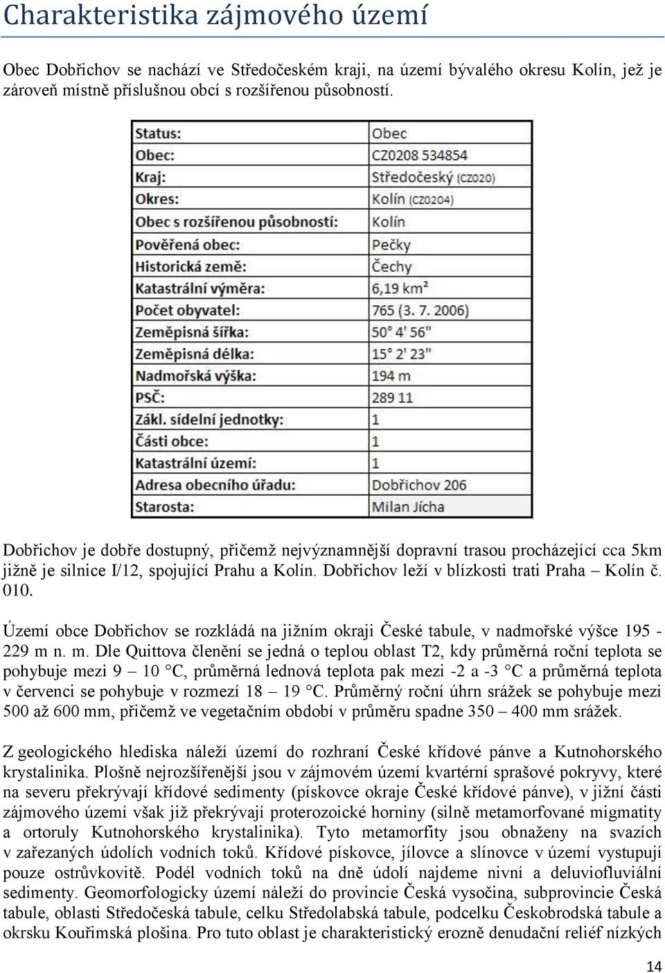 Území obce Dobřichov se rozkládá na jižním okraji České tabule, v nadmořské výšce 195-229 m 