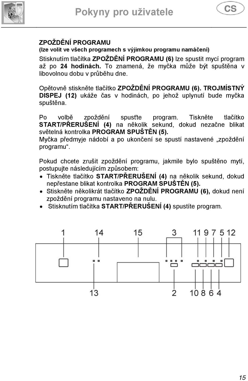 TROJMÍSTNÝ DISPEJ (12) ukáže čas v hodinách, po jehož uplynutí bude myčka spuštěna. Po volbě zpoždění spusťte program.