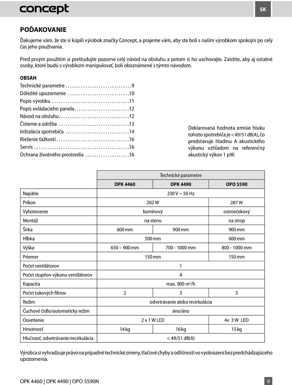 OBSAH Technické parametre...9 Dôležité upozornenie...10 Popis výrobku...11 Popis ovládacieho panela...12 Návod na obsluhu...12 Čistenie a údržba...13 Inštalácia spotrebiča...14 Riešenie ťažkostí.