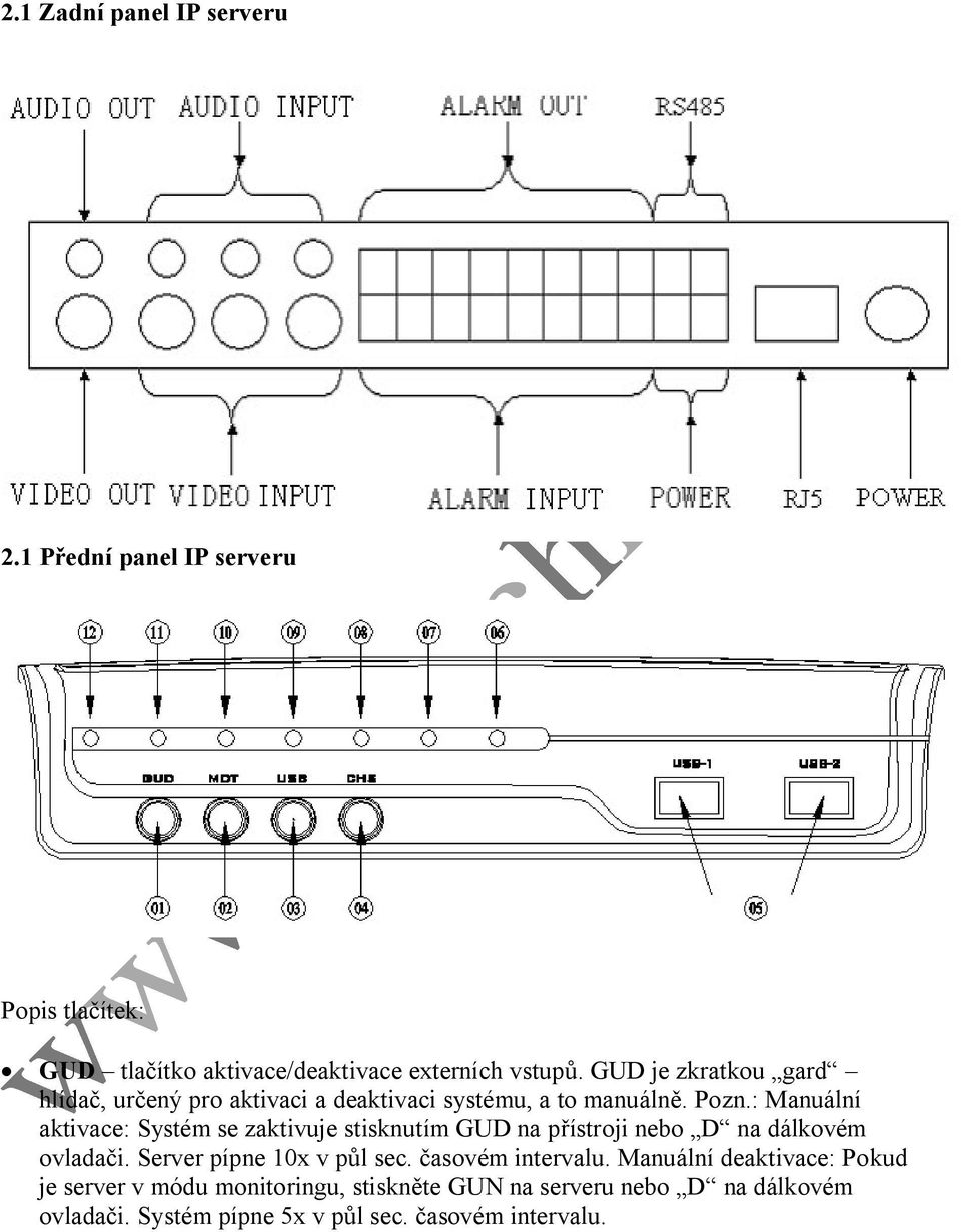 : Manuální aktivace: Systém se zaktivuje stisknutím GUD na přístroji nebo D na dálkovém ovladači. Server pípne 10x v půl sec.