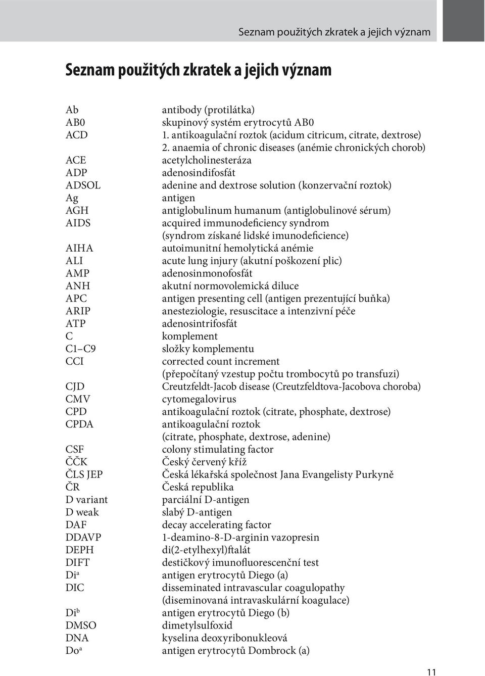 anaemia of chronic diseases (anémie chronických chorob) acetylcholinesteráza adenosindifosfát adenine and dextrose solution (konzervační roztok) antigen antiglobulinum humanum (antiglobulinové sérum)