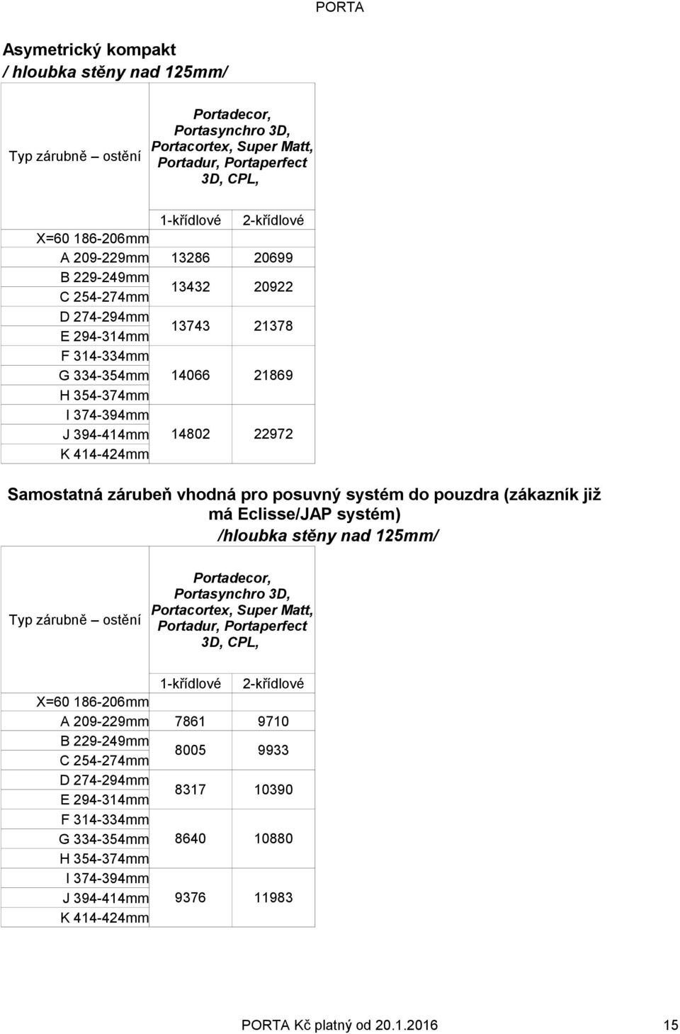 Samostatná zárubeň vhodná pro posuvný systém do pouzdra (zákazník již má Eclisse/JAP systém) /hloubka stěny nad 125mm/ Typ zárubně ostění Portadecor, Portasynchro 3D, Portacortex, Super Matt,